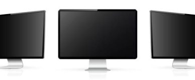 Three monitor with empty black display, realistic set device screen mockup. Vector illustration.
